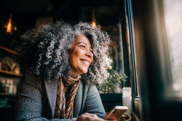 x-default Smiling mature woman looking through window at cafe