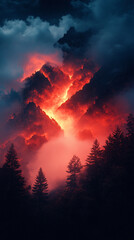 Fototapeta premium Mysterious clouds envelop rugged mountain peaks, creating a dramatic and atmospheric landscape with mist, shadows, and natural grandeur.