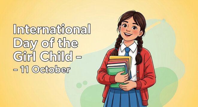 Illustration of smiling schoolgirl holding books with text overlay “International Day of the Girl Child – 11 October”.