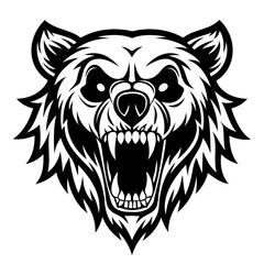 Obraz premium Black and white vector illustration of an angry bear head with open mouth and fangs isolated on white background