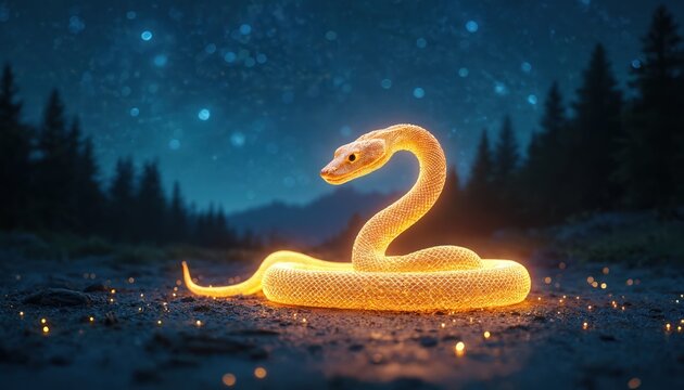 Glowing orange snake hologram coiled on forest floor at night. Starry sky, pine trees backdrop create mystical, magical atmosphere. Digital reptile illusion sparks wonder, representing fantasy,