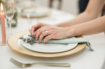Elegant table setting with pastel pink candle, gold charger plate, white dinnerware, sage green napkin, and lavender sprig, creating romantic wedding planner atmosphere
