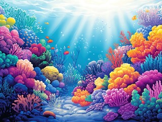 A vibrant illustration of an underwater coral reef teeming with marine life, but with no animals present.