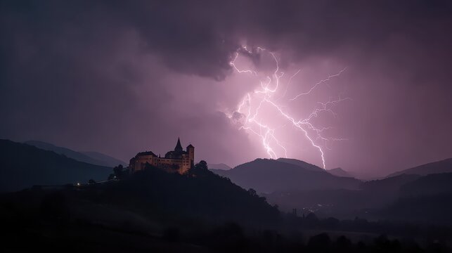Dramatic lightning storm over a medieval castle atop a hill, creating a powerful and ominous atmosphere
