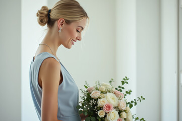 Elegant woman bridesmaid holding pastel pink and white rose bouquet, smiling in soft natural light, wearing light blue dress, wedding preparation, joyful atmosphere