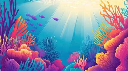 A vibrant illustration of an underwater coral reef teeming with marine life, but with no animals present.