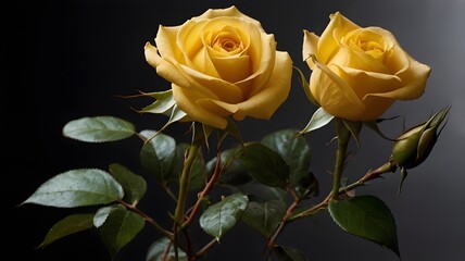 A fully bloomed yellow rose with delicate petals, standing prominently against a dark background.
