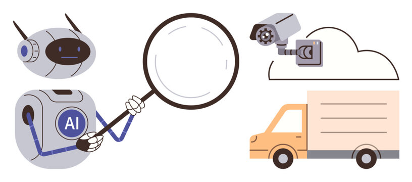 Robot using magnifying glass, observing a truck and security camera connected to cloud technology. Ideal for AI innovation, logistics, security surveillance, data analysis, cloud computing