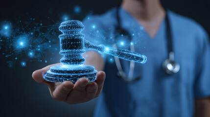 Healthcare law: Digital gavel in a medical professional's hand symbolizes the intersection of legal and medical fields, justice in healthcare.