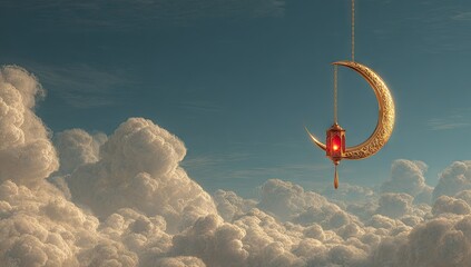Golden crescent moon lantern hanging in sky with clouds. A crescent moon, crafted of gold-hued metal, hangs from a thin, indiscernible string against a backdrop of a partly cloudy sky.