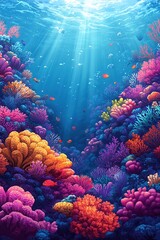 A vibrant illustration of an underwater coral reef teeming with marine life, but with no animals present.
