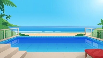 Fototapeta premium Infinity Pool Overlooking Tropical Beach And Ocean With Clear Blue Sky swimming pool