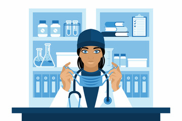 The doctor begins the patient's appointment by wearing a mask. A doctor's office. Medicine. Vector illustration in a flat cartoon style