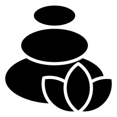 The stone icon symbolizes physical and mental balance, while the lotus symbolizes spiritual enlightenment, the result of focused, patient, and balanced effort.