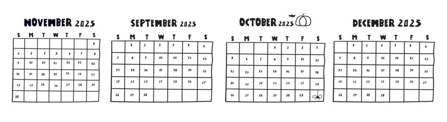 Set of calendars September, October, November, December. 2025. Minimal design. Hand drawn vector illustrations on white background.