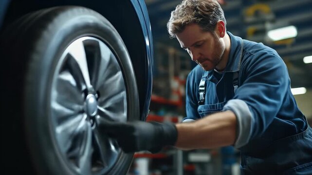 A focused mechanic, wearing gloves and overalls, inspects a tire in an auto repair shop, ensuring the wheel is secure and ready for the road. - Powered by Adobe