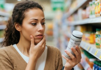 Thoughtful woman reading product label in grocery store