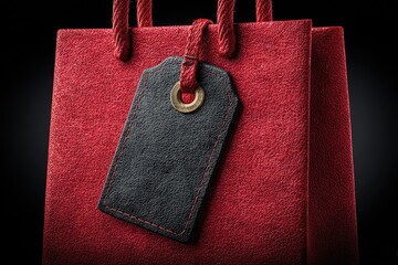 Close-up of a red shopping bag with a dark tag