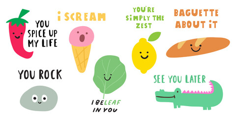 Collection of cute characters with funny phrases. Hand drawn design. Vector illustrations. Best for Stickers. Flat design on white background.