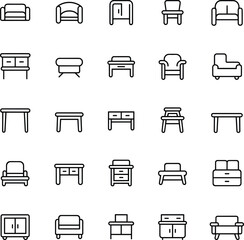Furniture, sofa, chair, table, cabinet, interior design, modern home decor, living room, office desk, flat vector illustration icons