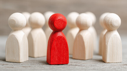 Standout: A red figure stands prominently among a group of wooden figures, highlighting individuality, leadership, or uniqueness. Symbol of courage and different