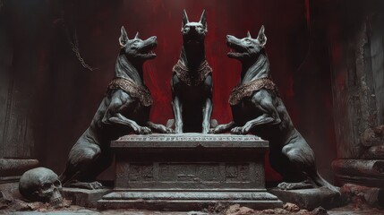 Mysterious and ominous scene with three dog statues guarding a tomb in a dark and gothic setting