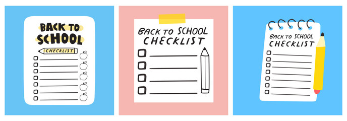 Back to school checklists. Set of paper notes. Flat vector design. Hand drawn illustrations.
