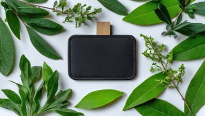 Blank black card surrounded by greenery