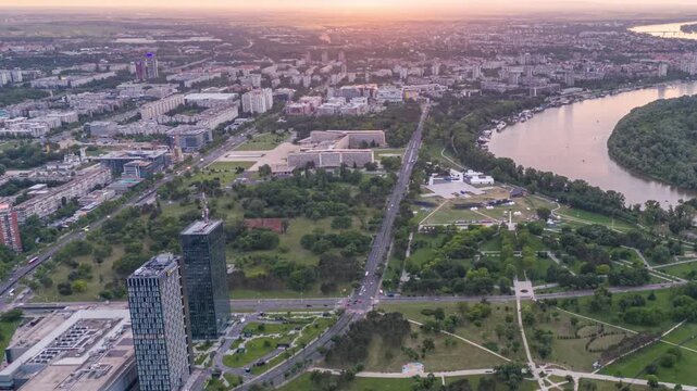 Travel and city sights concept. Drone view of Belgrade at dusk. Serbia, Europe. Hyperlapse shot