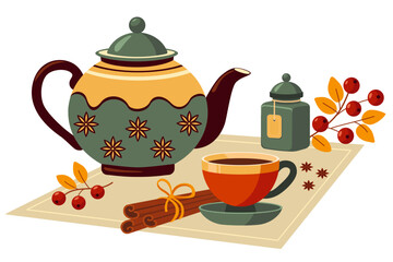 Vector illustration of tea party elements, teapot, teacup, spices, lemon, berries