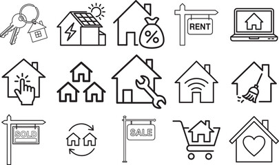 House web icon set in thin line style, collection of real estate linear icons for home, property, rent, buy, sell, key, mortgage, loan