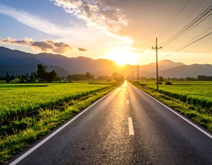 Scenic road through rice paddies at sunset