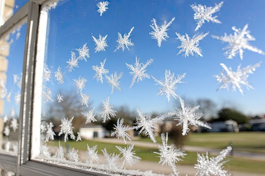 Frosty windowpane patterns against a clear blue sky