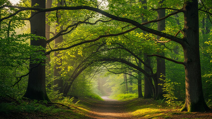 Fototapeta premium Close-up of green leaves in the park background image, Tropical forest in the morning with fog. Deep in the rainforest.