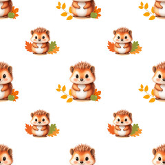 Naklejka premium Seamless pattern with cute cartoon hedgehog and autumn leaves on white background