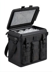 Black cooler with ice, straps, and pockets