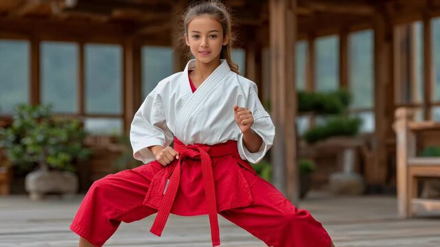 A young girl practices karate in her red hakama and white gi, demonstrating the discipline and focus required to master martial arts.