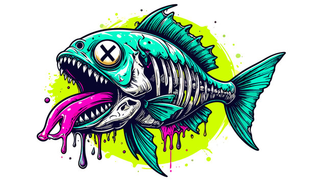 A vibrant illustration of a zombie-like fish with exposed bones and dripping gore.
