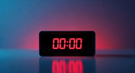 Digital Clock Displaying Midnight: A Modern, Minimalist Image for Time Management, Deadlines, and New Beginnings. Red Digits on a Dark Background.