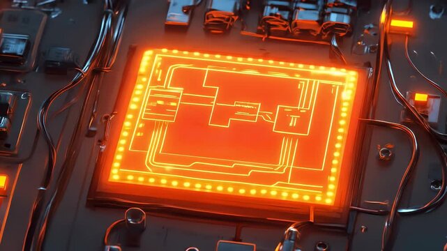A close-up of a complex machine panel with a glowing schematic diagram, emphasizing advanced technology and intricate electrical circuits.
