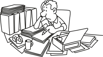 Overworked Office Man with Paperwork Doodle Cartoon Vector Illustration