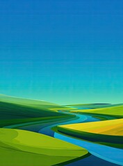 Obraz premium Serene river meandering through summer fields under a clear blue sky, idyllic rural landscape, perfect for nature-themed designs
