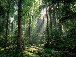 Fototapeta premium Sunlight streams through a dense forest peaceful nature scene
