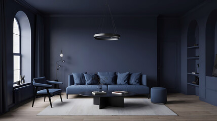 Modern living room with a comfortable blue sofa elegant armchair and a large arched window with natural light