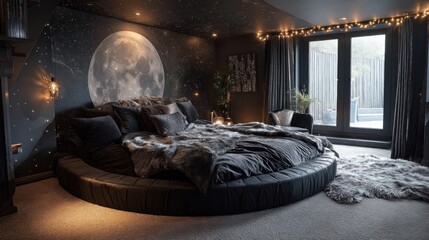 A round bed dominates a dark, celestial-themed bedroom with a large moon mural, plush bedding, and fairy lights adorning the windows, creating a serene and luxurious atmosphere