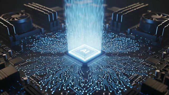 Dynamic AI processing core with glowing circuits and data flow visualization, modern technology