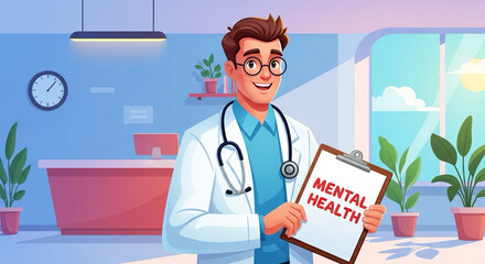 Cartoon style doctor holding clipboard with &ldquo;Mental Health&rdquo; written, background hospital/clinic illustration.