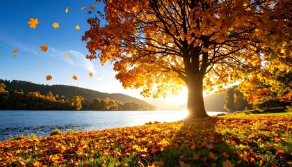 Autumnal tree by a tranquil lake