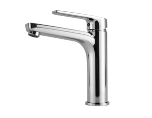 Side Angle View of Minimalist Chrome Faucet, Elegant Reflection, Isolated on Transparent Background PNG