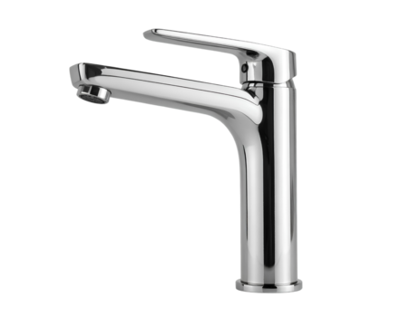 Side Angle View of Minimalist Chrome Faucet, Elegant Reflection, Isolated on Transparent Background PNG